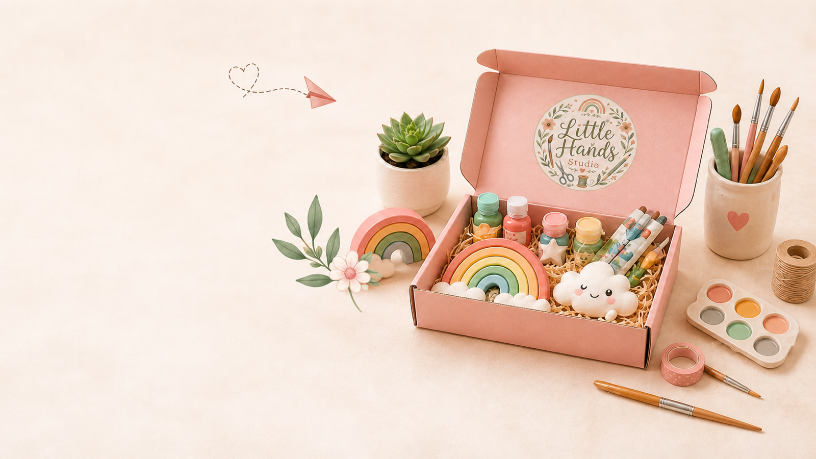 A Little Hands Studio branded activity box with a flower, kite, paintbrushes, and creative learning supplies